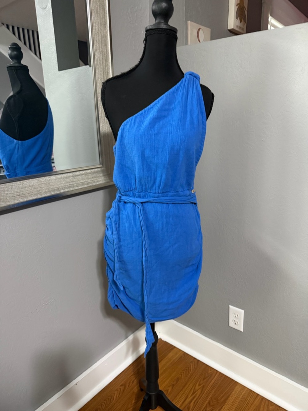 Free People One Strap Blue Mini Dress Tie Waist size Small.
